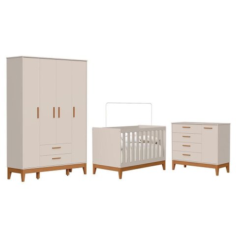 Dormitório Infantil Flip Guarda Roupa 4 Portas, Cômoda 1 Porta e Berço Areia Fosco - Reller Mó