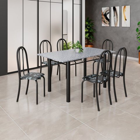Conjunto de Mesa Tubular 140cm x 75cm Tampo em Granito Ocre com 6 Cadeiras Iris B Preto