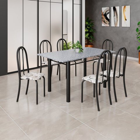 Conjunto de Mesa Tubular 140cm x 75cm Tampo em Granito Ocre com 6 Cadeiras Iris B Preto/Arabesco