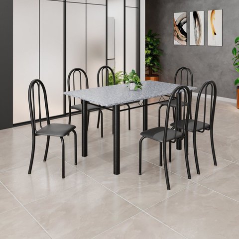 Conjunto de Mesa Tubular 140cm x 75cm Tampo em Granito Ocre com 6 Cadeiras Iris B Preto
