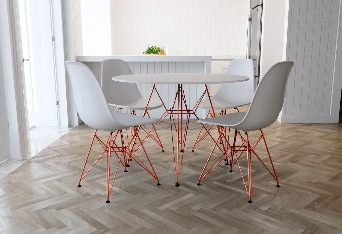 Conjunto Sala de Jantar Eames de Ferro Cobre Tampo Redondo 110cm Branco 4 Cadeiras Brancas