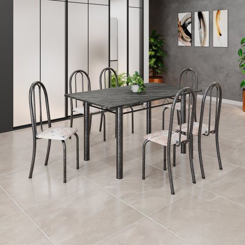 Conjunto de Mesa Tubular 140cm x 75cm Tampo em Ardósia Indiano com 6 Cadeiras Iris B Prata/Bege