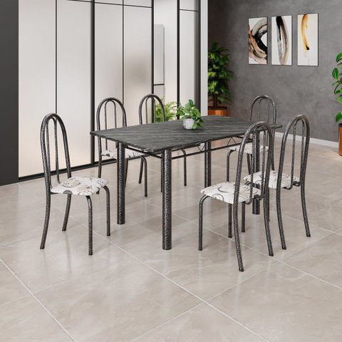 Conjunto de Mesa Tubular 140cm x 75cm Tampo em Ardósia Indiano com 6 Cadeiras Iris B Prata/Arabesco