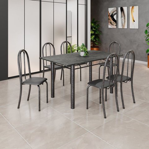 Conjunto de Mesa Tubular 140cm x 75cm Tampo em Ardósia Indiano com 6 Cadeiras Iris B Prata/Preto