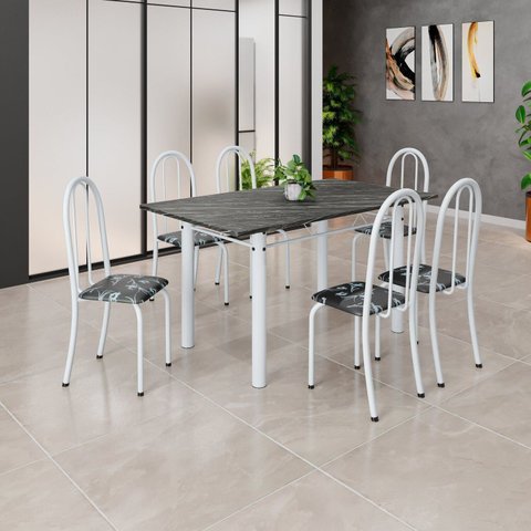 Conjunto de Mesa Tubular 140cm x 75cm Tampo em Ardósia Indiano com 6 Cadeiras Iris B Branco/Preto
