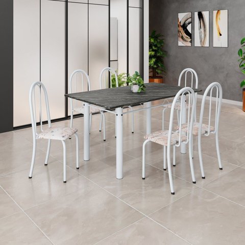 Conjunto de Mesa Tubular 140cm x 75cm Tampo em Ardósia Indiano com 6 Cadeiras Iris B Branco/Bege