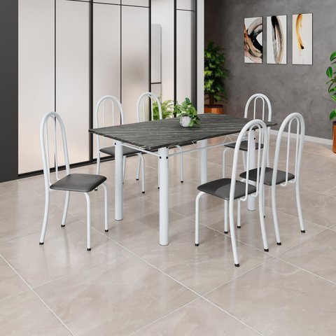 Conjunto de Mesa Tubular 140cm x 75cm Tampo em Ardósia Indiano com 6 Cadeiras Iris B Branco/Preto
