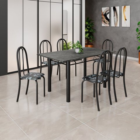 Conjunto de Mesa Tubular 140cm x 75cm Tampo em Ardósia Indiano com 6 Cadeiras Iris B Preto