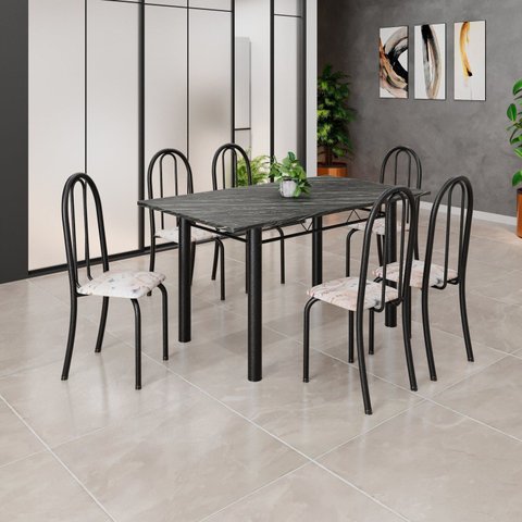 Conjunto de Mesa Tubular 140cm x 75cm Tampo em Ardósia Indiano com 6 Cadeiras Iris B Preto/Bege