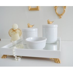 Kit Higiene Porcelana Bebê + Potes + Bandeja - Passaro Dourado
