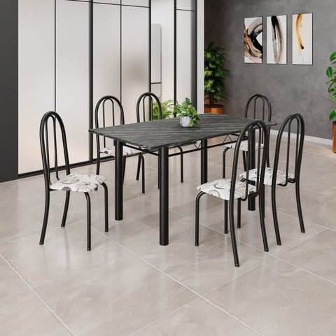Conjunto de Mesa Tubular 140cm x 75cm Tampo em Ardósia Indiano com 6 Cadeiras Iris B Preto/Arabesco
