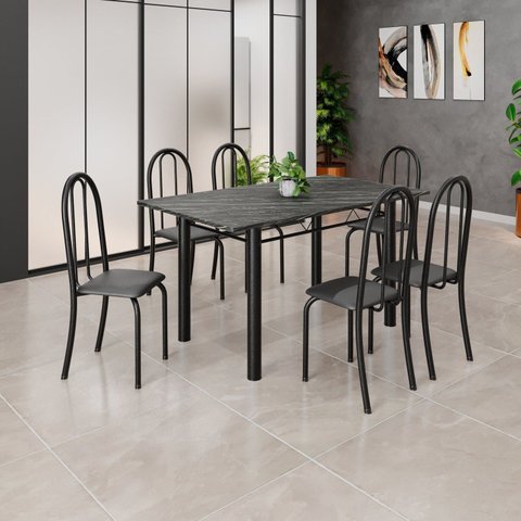 Conjunto de Mesa Tubular 140cm x 75cm Tampo em Ardósia Indiano com 6 Cadeiras Iris B Preto
