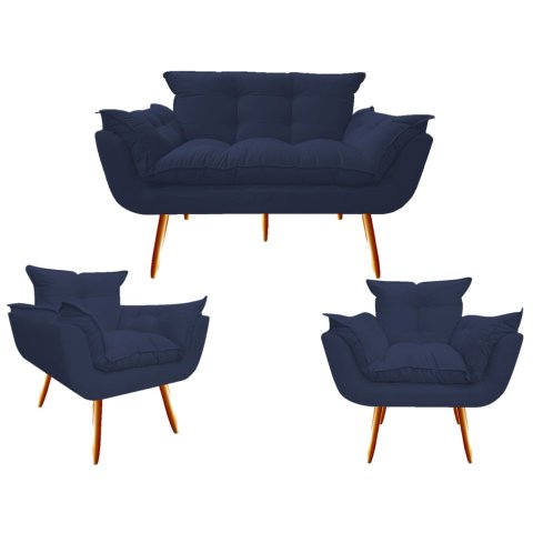 Kit Namoradeira + 2 Poltronas Decorativa Opala Suede Azul Marinho Pés Madeira Ms Decor