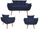 Ver imagem 1 de Kit Namoradeira + 2 Poltronas Decorativa Opala Suede Azul Marinho Pés Madeira Ms Decor
