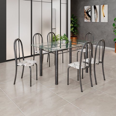 Conjunto de Mesa Tubular 140cm x 75cm Tampo em Vidro Incolor com 6 Cadeiras Iris B Prata/Arabesco