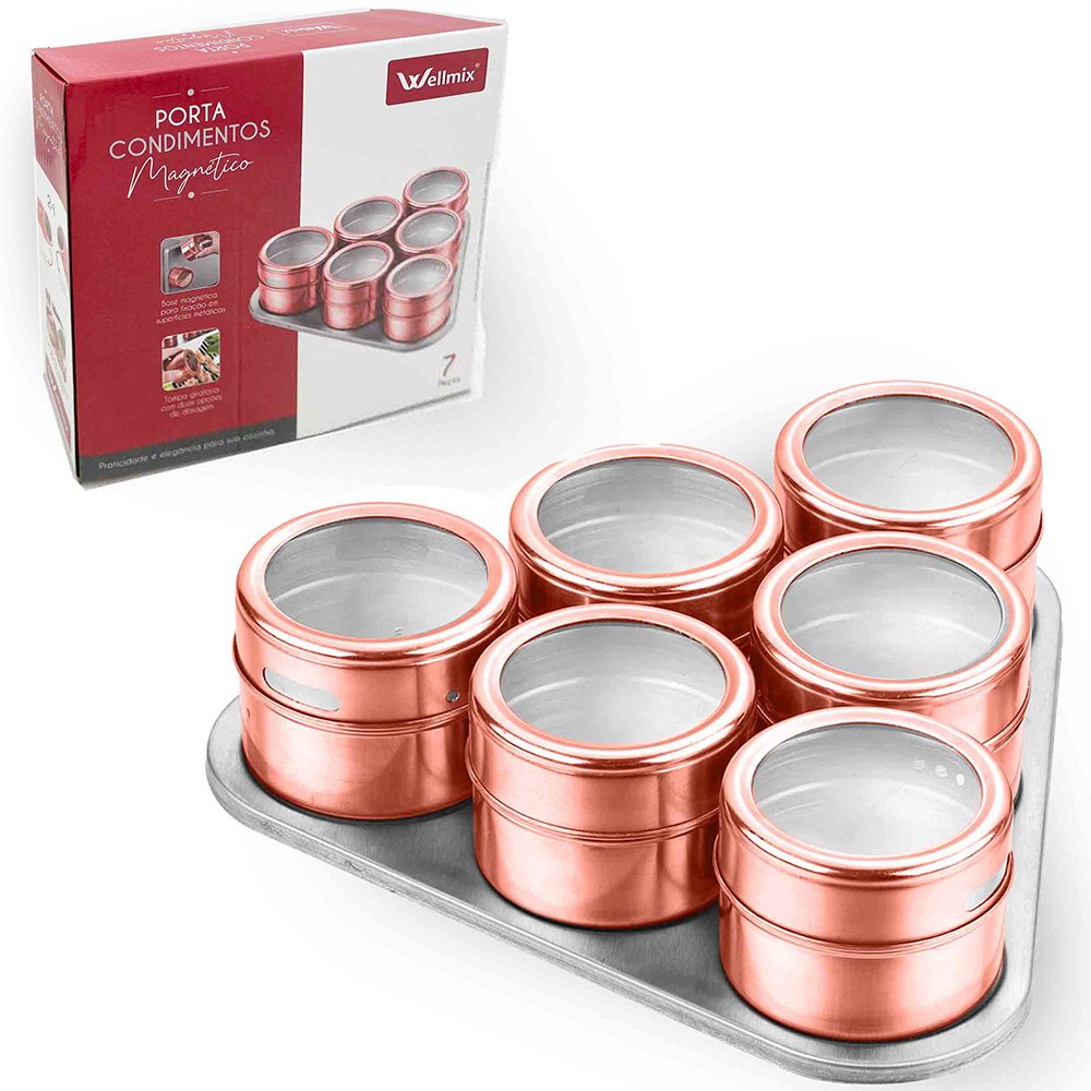 porta condimento de inox magnetico com 6 pecas 75ml + suporte metalizado rose gold na caixa - 1