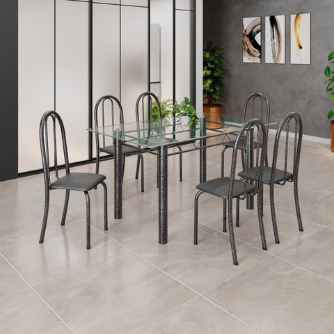 Conjunto de Mesa Tubular 140cm x 75cm Tampo em Vidro Incolor com 6 Cadeiras Iris B Prata/Preto