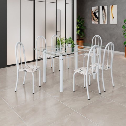 Conjunto de Mesa Tubular 140cm x 75cm Tampo em Vidro Incolor com 6 Cadeiras Iris B Branco/Arabesco