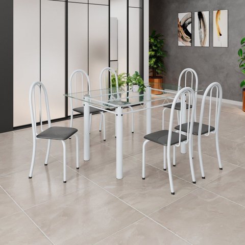 Conjunto de Mesa Tubular 140cm x 75cm Tampo em Vidro Incolor com 6 Cadeiras Iris B Branco/Preto