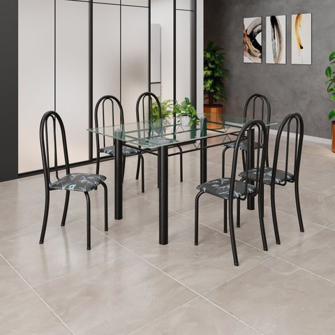 Conjunto de Mesa Tubular 140cm x 75cm Tampo em Vidro Incolor com 6 Cadeiras Iris B Preto