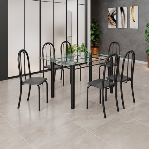 Conjunto de Mesa Tubular 140cm x 75cm Tampo em Vidro Incolor com 6 Cadeiras Iris B Preto