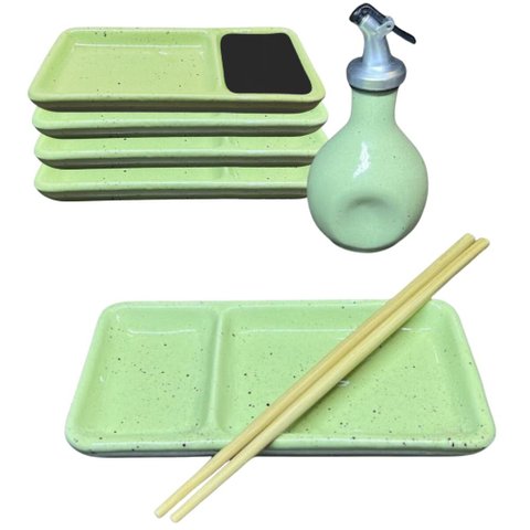Kit para 4 Pessoas Sushi com Divisória Shoyu Porcelana Verde Mesclado Servir Oriental