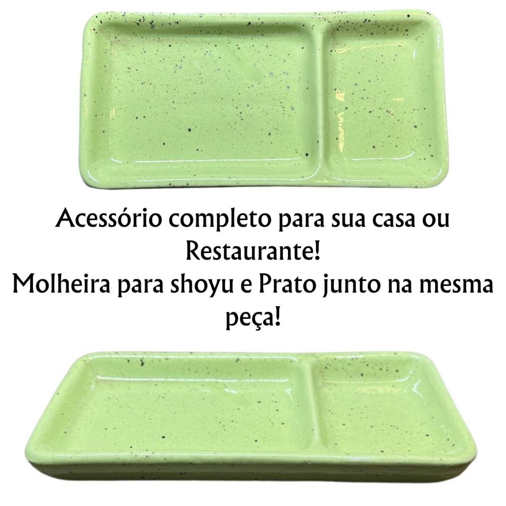 Kit para 4 Pessoas Sushi com Divisória Shoyu Porcelana Verde Mesclado Servir Oriental - 3
