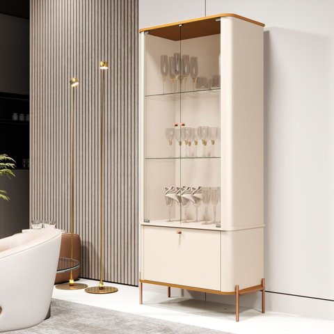 Cristaleira Curva Porta em Vidro Puxador e Pés em Metal 100% MDF 180CMX76CM Tucupi Bege