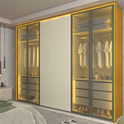 Guarda Roupa Reflecta Lumina 6 Portas LED 100% MDF Naturale Off White Bronze - Gelius
