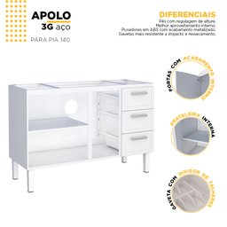 Gabinete de Cozinha Para Pia 140 em Aço Apolo 3 Gavetas Branco - Cozimax - 3