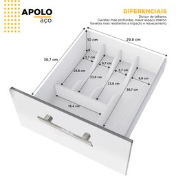 Gabinete de Cozinha Para Pia 140 em Aço Apolo 3 Gavetas Branco - Cozimax - 5