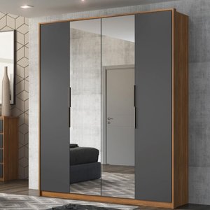 Guarda Roupa Casal 4 Portas com Espelho e 3 Gavetas Attore - Amêndola/grafito