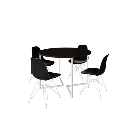 Mesa Industrial Base Ferro Branco em V Tampo 110cm Preto 4 Cadeiras Pretas Ferro Branco