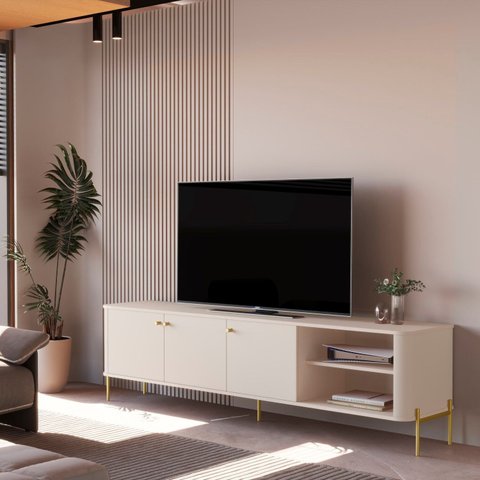 Rack para TV até 75 Polegadas Curva Estilo Industrial 100% MDF 181cm Tucupí Off White Dourado