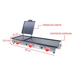 Chapeira Chapa de Lanches Porção 31x90 Inox Baixa Pressão A Gás com Prensa E Coletor - 2