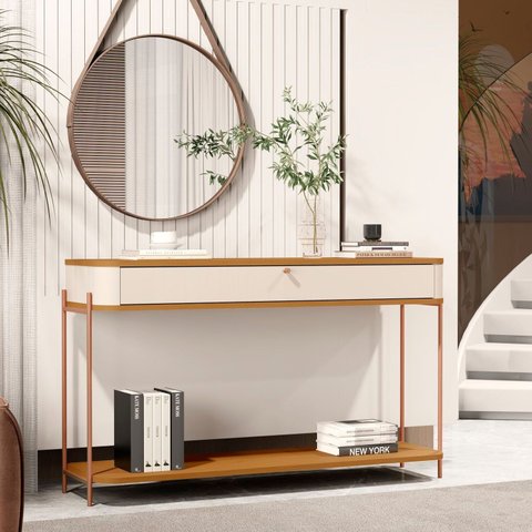 Aparador Curvo 1 Gaveta com Vidro 121cm Pés e Puxador em Metal Tucupí Off White/Nature/Bronze