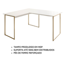 Ver imagem 3 de Mesa em L para Computador com Pé de Ferro Max 90x150 cm - Branco/Dourado