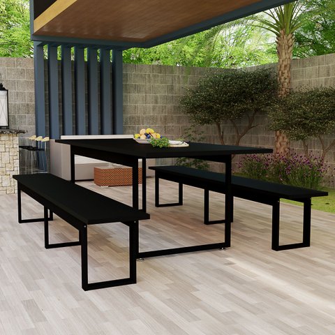 Mesa de Jantar com Bancos Conjunto Industrial para Área Gourmet:preto