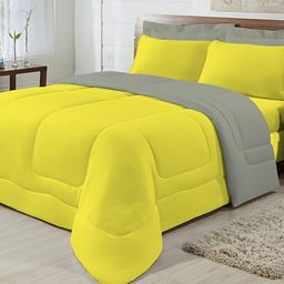 Edredom Casal Queen Dupla Face 05 Peças Amarelo com Cinza - 1