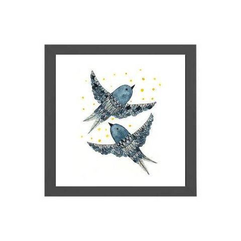 Quadro Quadrado Desenho Passarinhos 20x20cm:Madeira branca