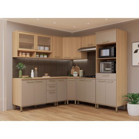 Cozinha Completa 100 Mdf de Canto 9 Peças com Tampo e Espaço Forno e Micro-ondas 458cm Duna Luciane