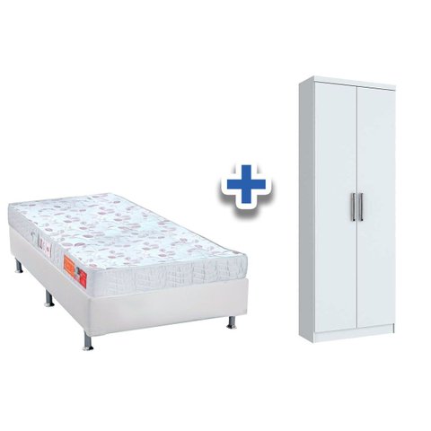 Cama Box Solteiro CRC + Colchão Orthocrin + Armário Multiuso Margarida Branco