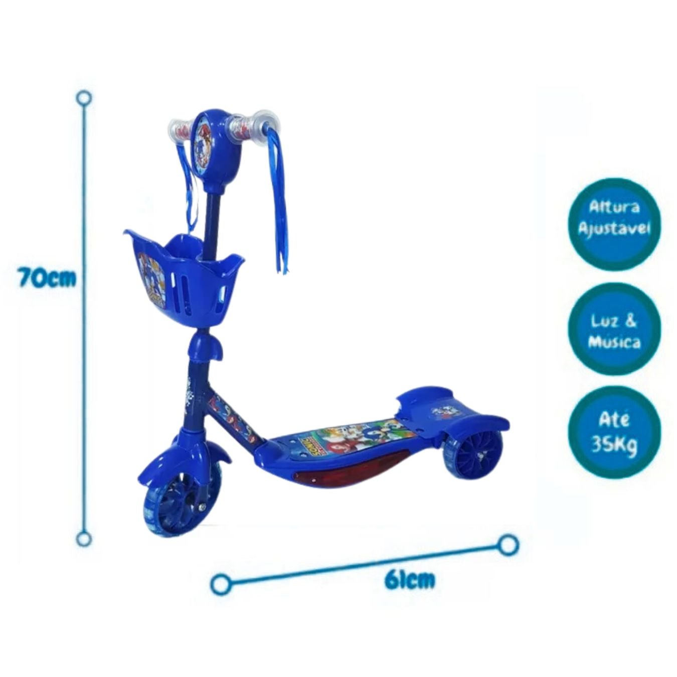 Patinete Infantil 03 Rodas com Cesta,musica,luz Personagem:sonic - 2