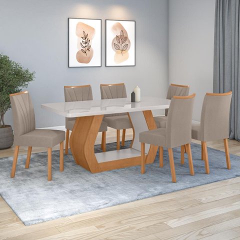 Conjunto Sala de Jantar Mesa Easy Tower 170x90cm Mdf/vidro com 6 Cadeira Armoni Suede Bege Amendoa/
