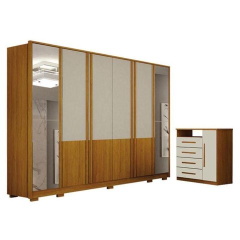 Guarda-Roupa Casal Urban 6 Portas c/ Espelho + Cômoda Diamante 4 Gav Cinamomo/Off White Leifer