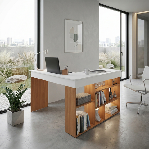 Escrivaninha Mesa Escritório em L Montecello 8 Nichos 115,5cm Yescasa Nogal E Branco