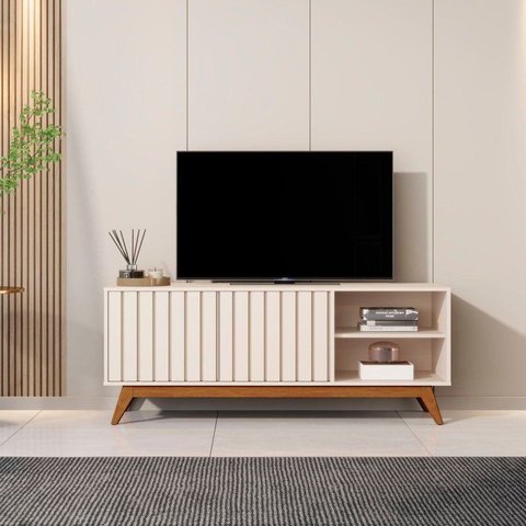 Rack para TV até 60 Polegadas Ripada Retrô Pés em Madeira Maciça 100% MDF 140cm Linha Açaí Off White