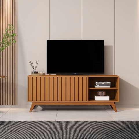 Rack para TV até 60 Polegadas Retrô com Porta Ripada e Pés em Madeira Maciça 100% 100% MDF 140cm Açaí Nature
