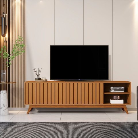 Rack para TV até 75 Polegadas Ripada Retrô Pés em Madeira Maciça 100% MDF 180cm Linha 2025 Nature
