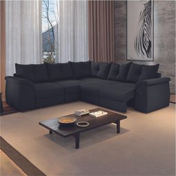 Sofá de Canto 5 Lugares Retrátil Qatar Suede Preto Preto - 4